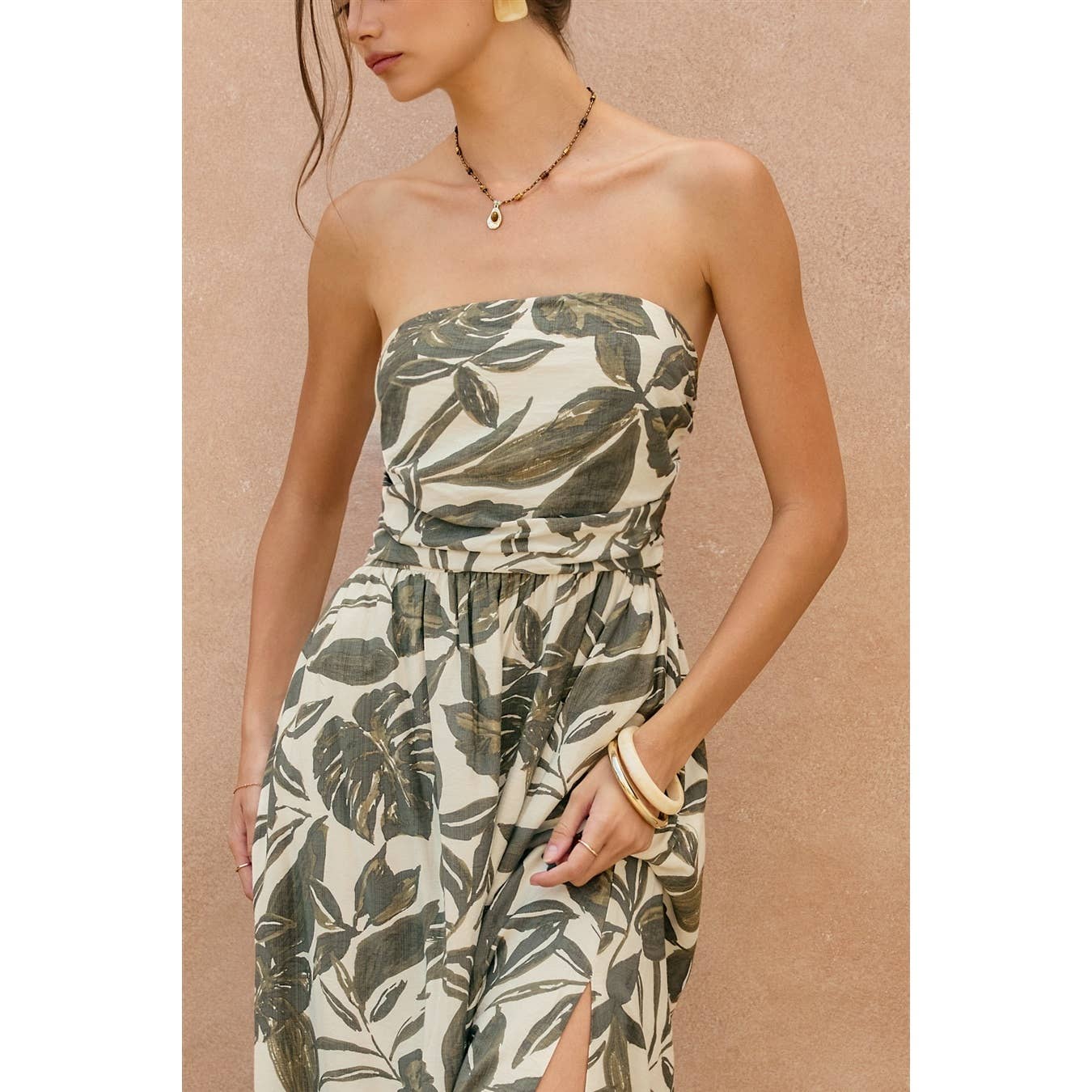 Swaying Palms Strapless Maxi Dress