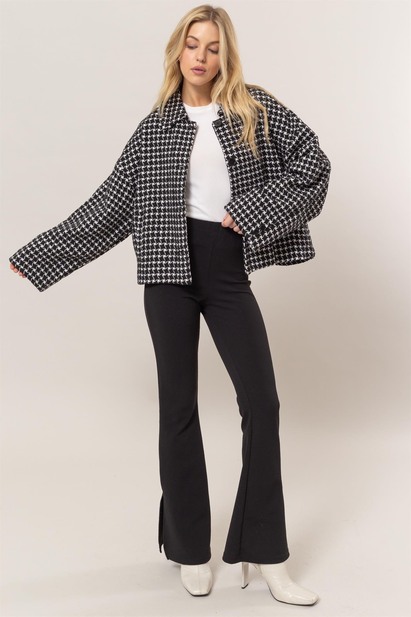 HYFVE Tweed Plaid Button Up Collared Jacket