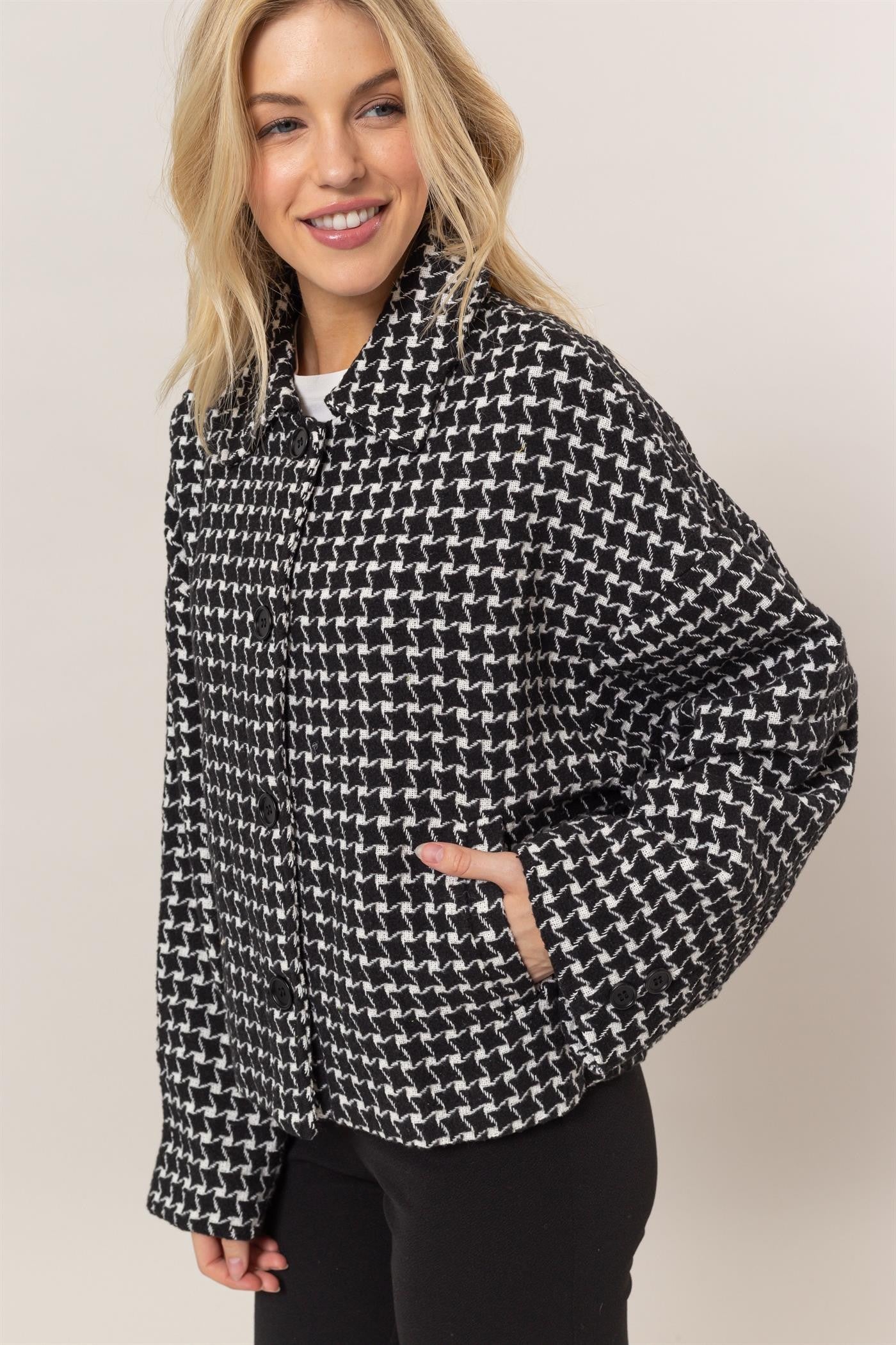 HYFVE Tweed Plaid Button Up Collared Jacket