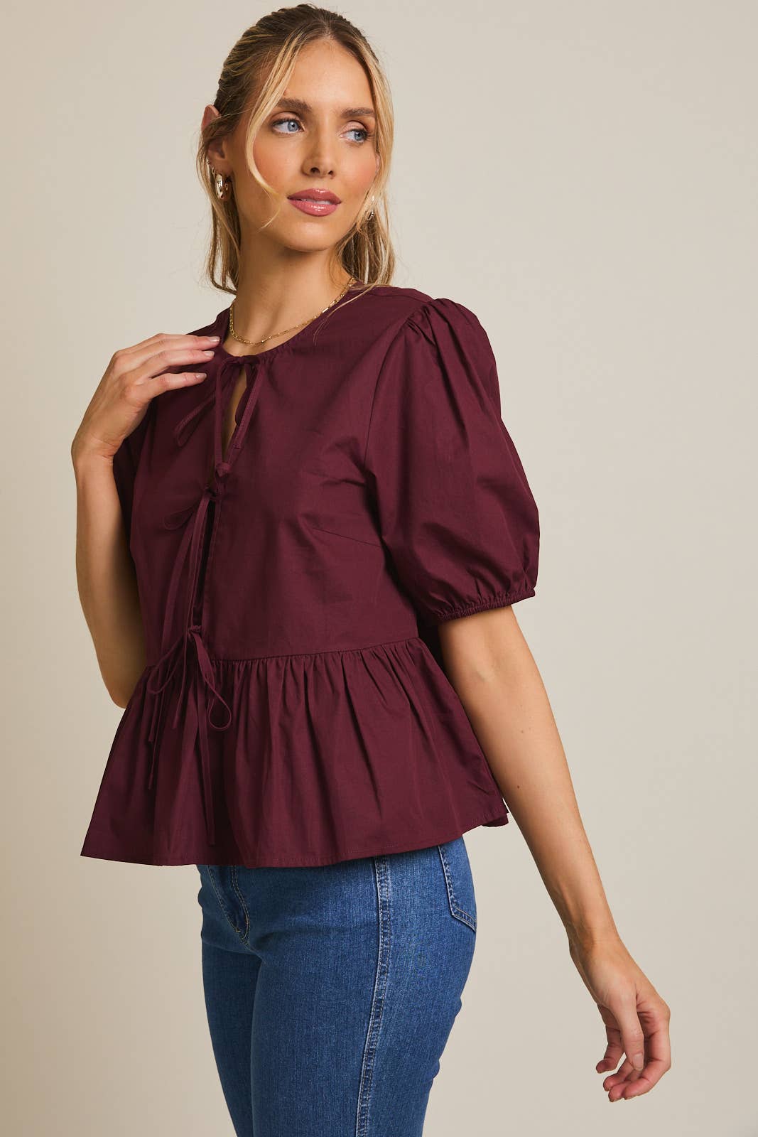 Gilli Front Ties Puff Half Sleeve Blouse