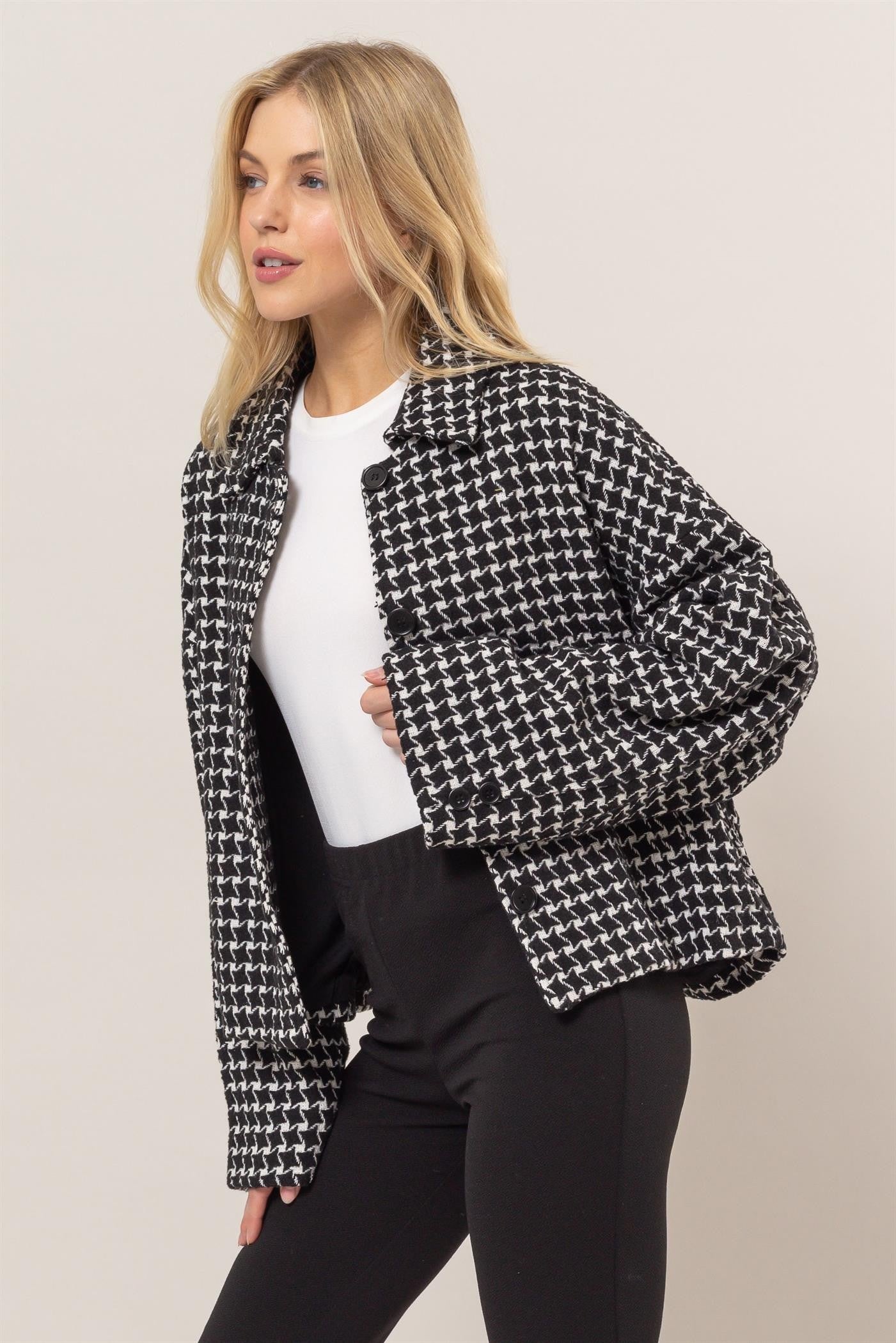 HYFVE Tweed Plaid Button Up Collared Jacket