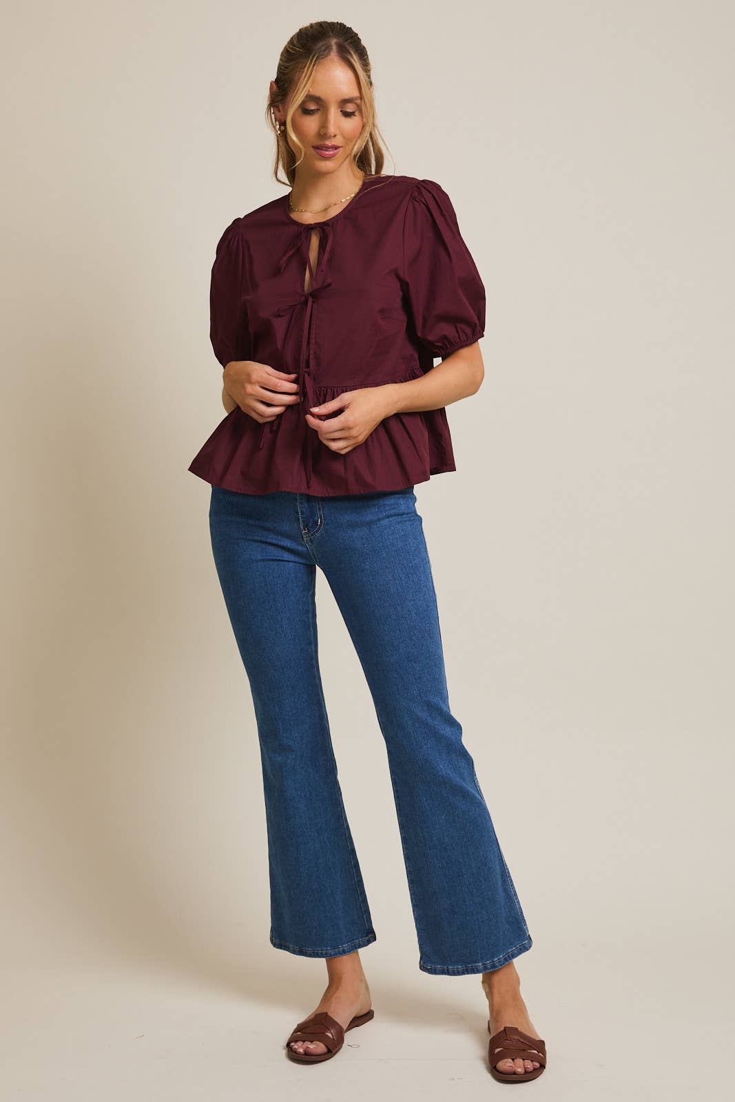 Gilli Front Ties Puff Half Sleeve Blouse