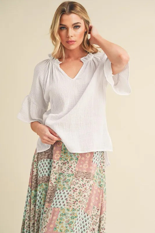 Aemi + Co Side Slit Ruffle Sleeve Blouse