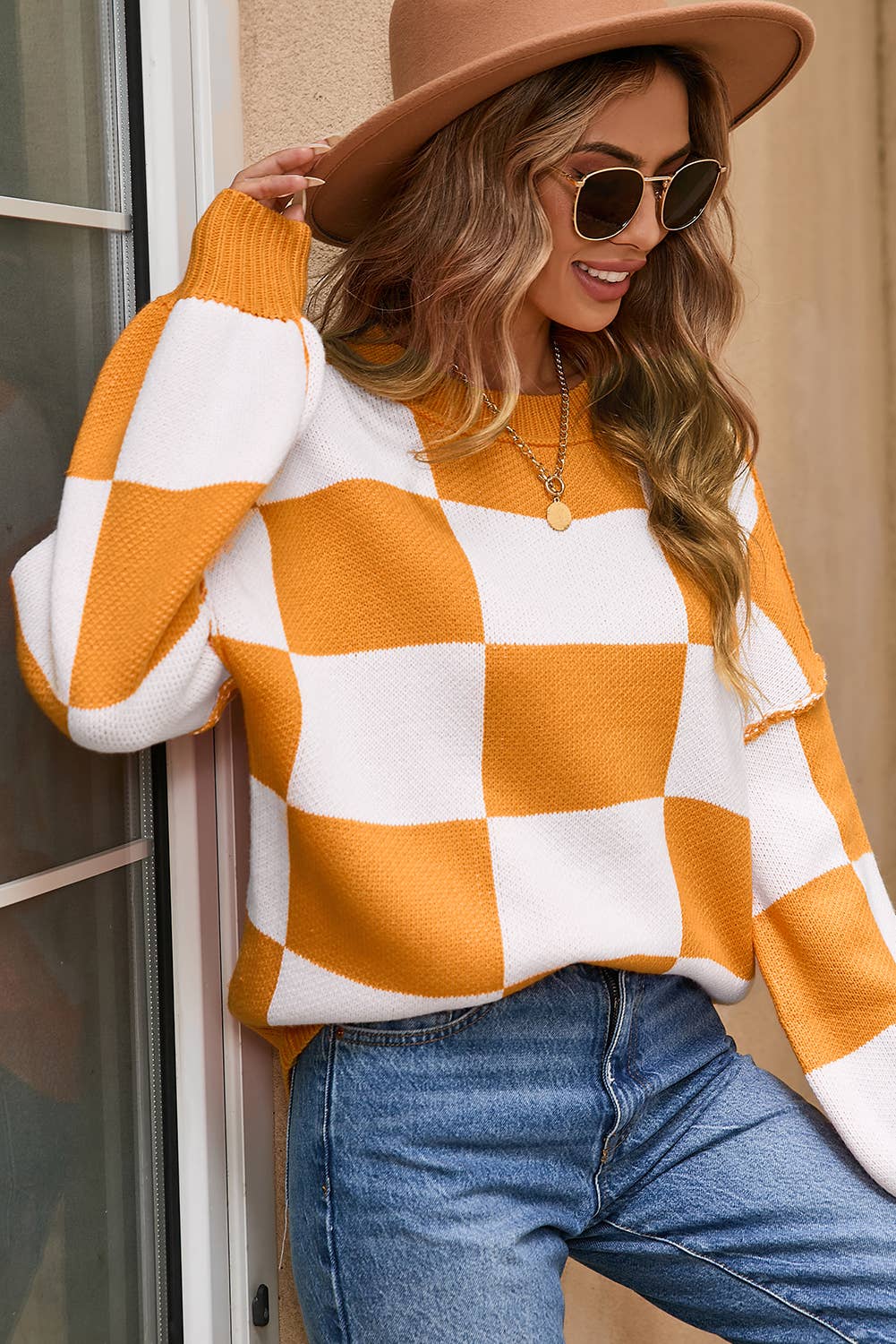 LDC Checkered Bishop Sleeve Sweater