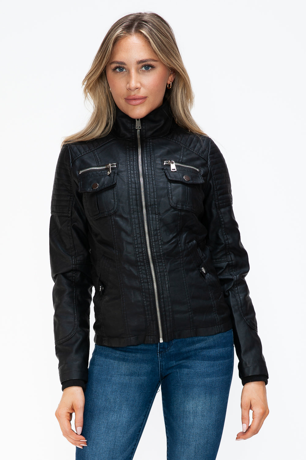 Black Removable Faux Layered Multi-Pocket Jacket with Fuzzy Hood