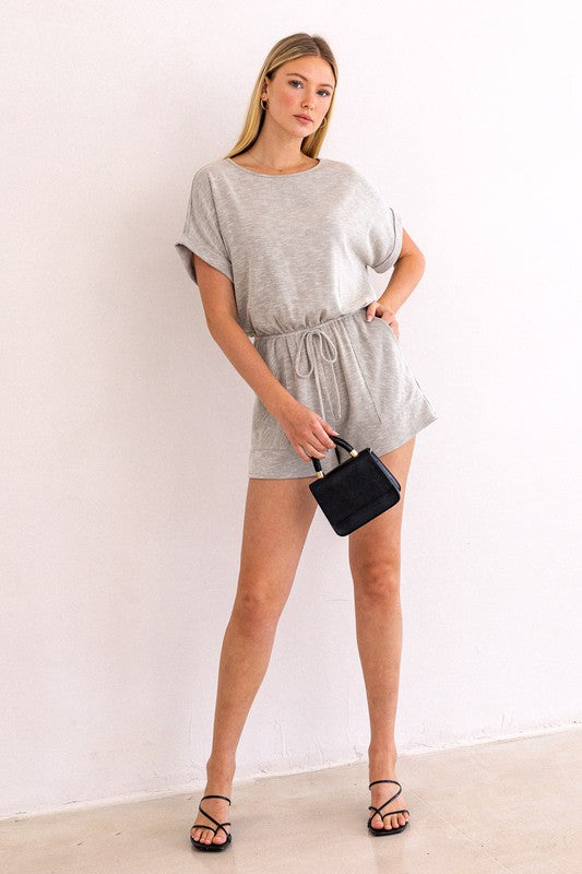 Short Roll-Up Sleeve Elastic Waist Romper