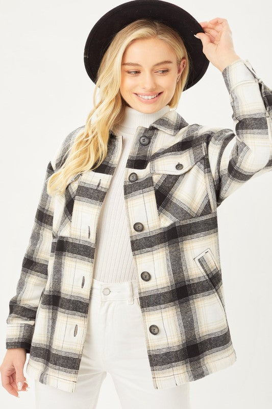 Plaid Button Up Jacket with Sherpa Lining