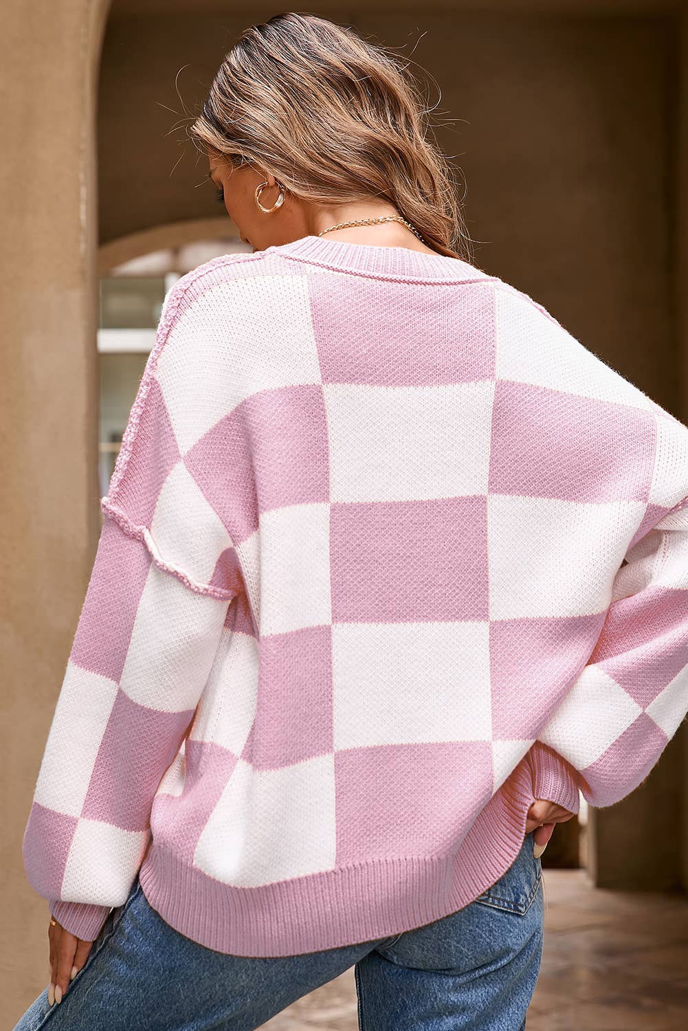 LDC Checkered Bishop Sleeve Sweater