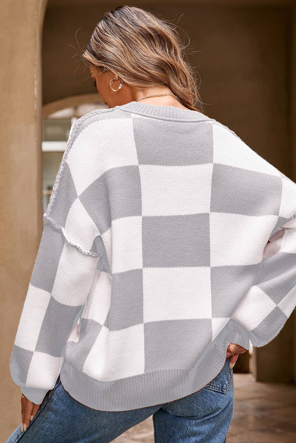 LDC Checkered Bishop Sleeve Sweater