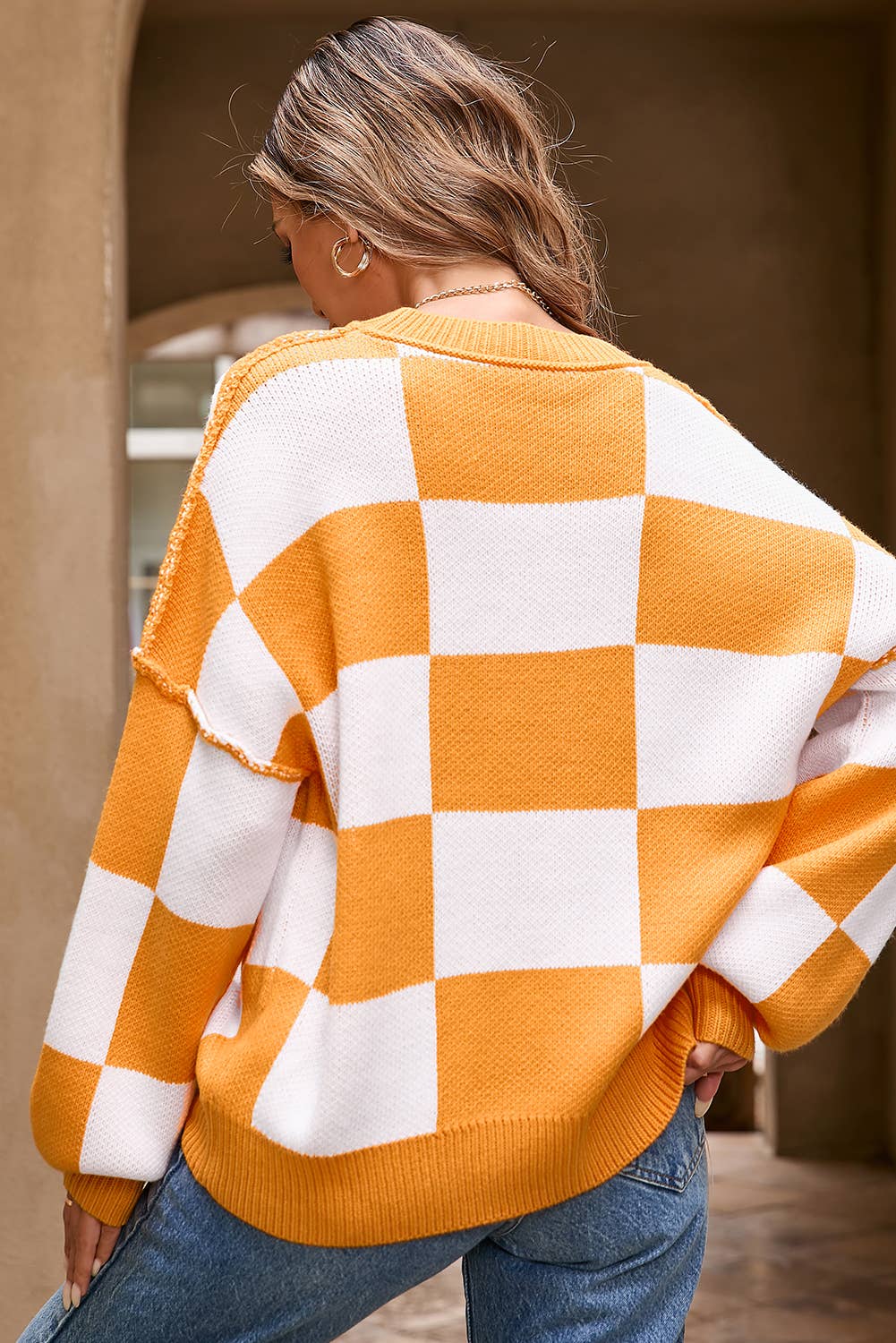 LDC Checkered Bishop Sleeve Sweater