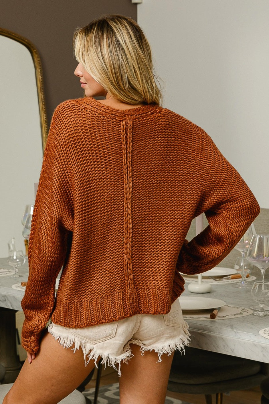 BiBi Boucle Rib Knit Uneven Hem Sweater With Open Seam