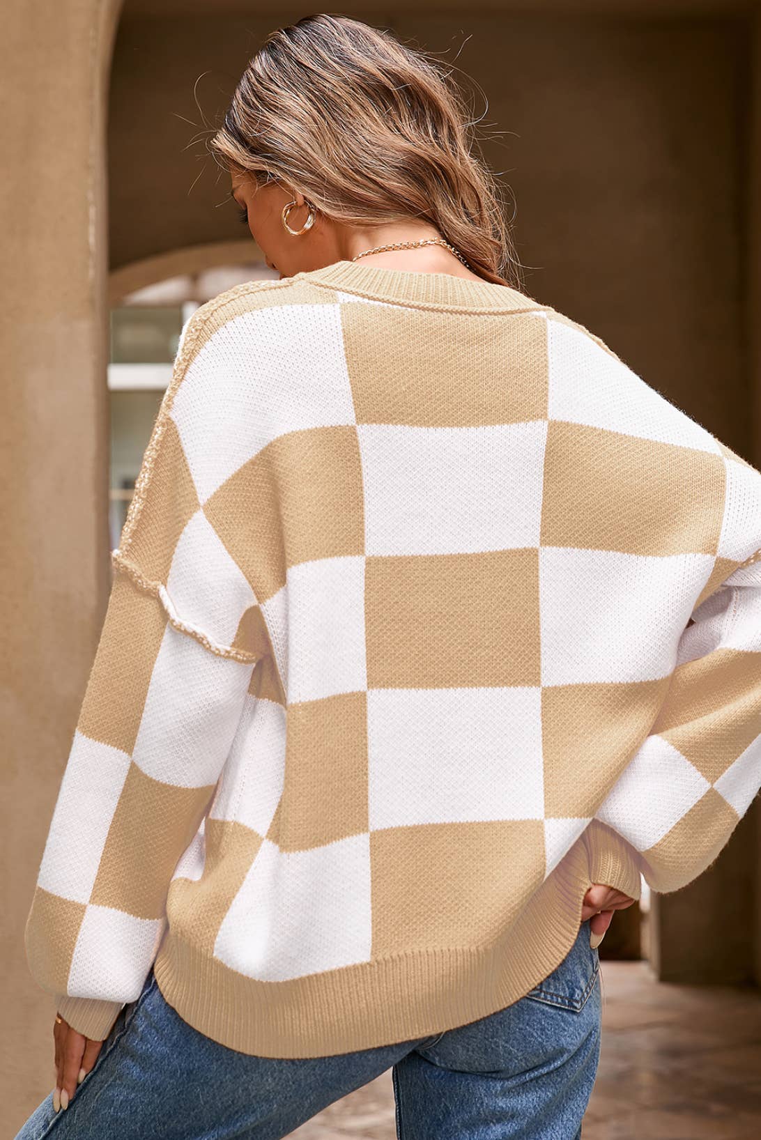 LDC Checkered Bishop Sleeve Sweater