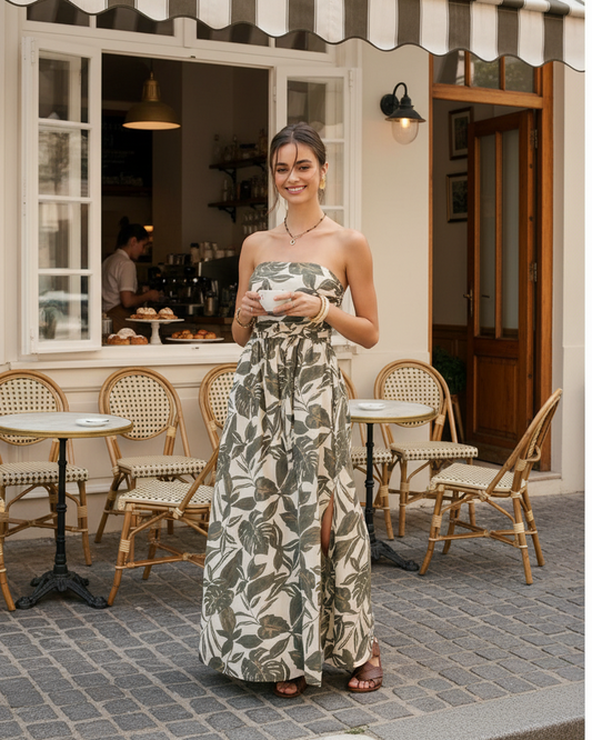 Swaying Palms Strapless Maxi Dress