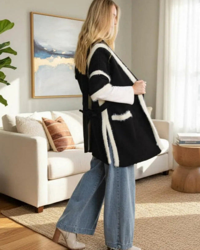 Davi & Dani Fuzzy Trim Open Front Loose Fit Cardigan