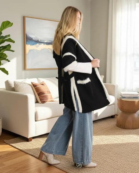 Davi & Dani Fuzzy Trim Open Front Loose Fit Cardigan