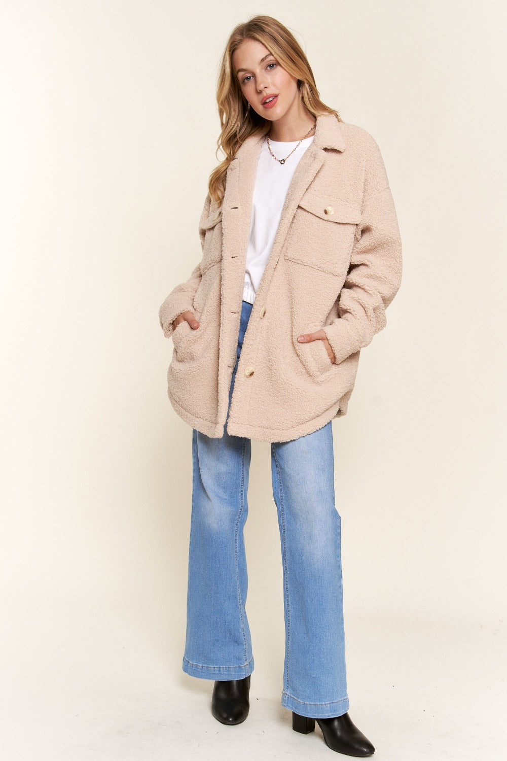 Teddy Sherpa Button Down Curved Hem Shacket