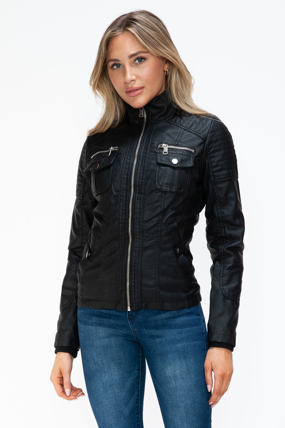 Black Removable Faux Layered Multi-Pocket Jacket with Fuzzy Hood