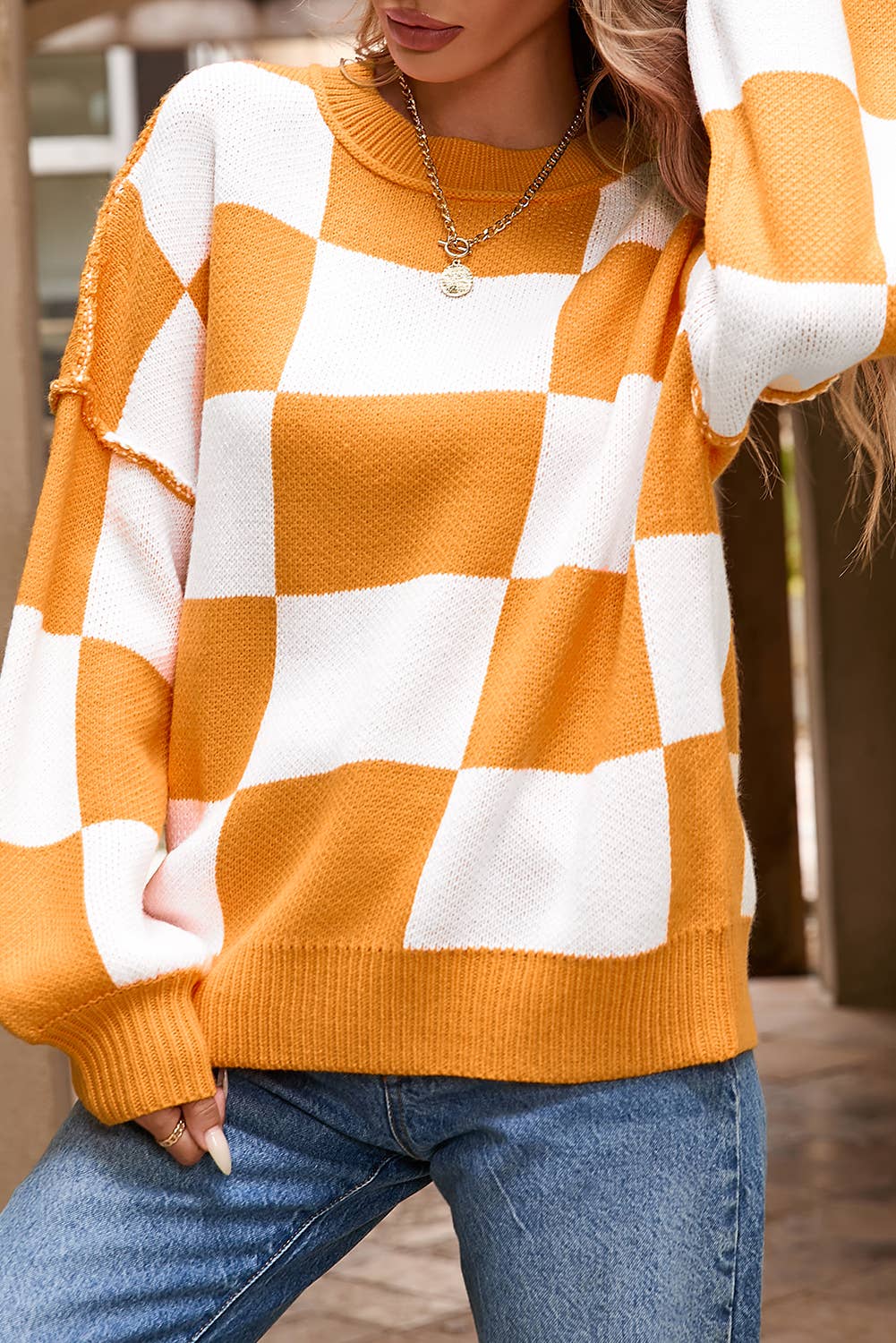 LDC Checkered Bishop Sleeve Sweater