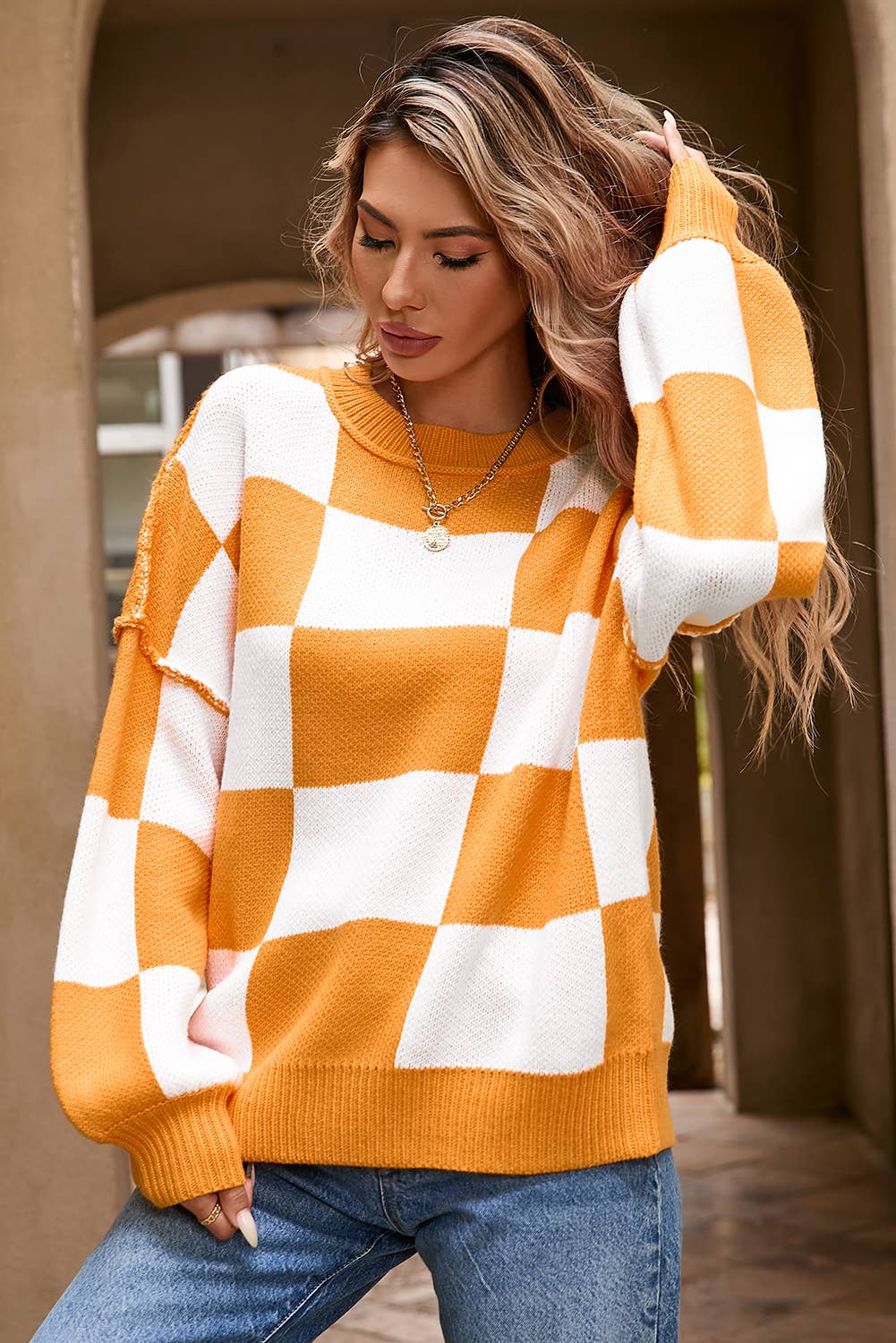 LDC Checkered Bishop Sleeve Sweater