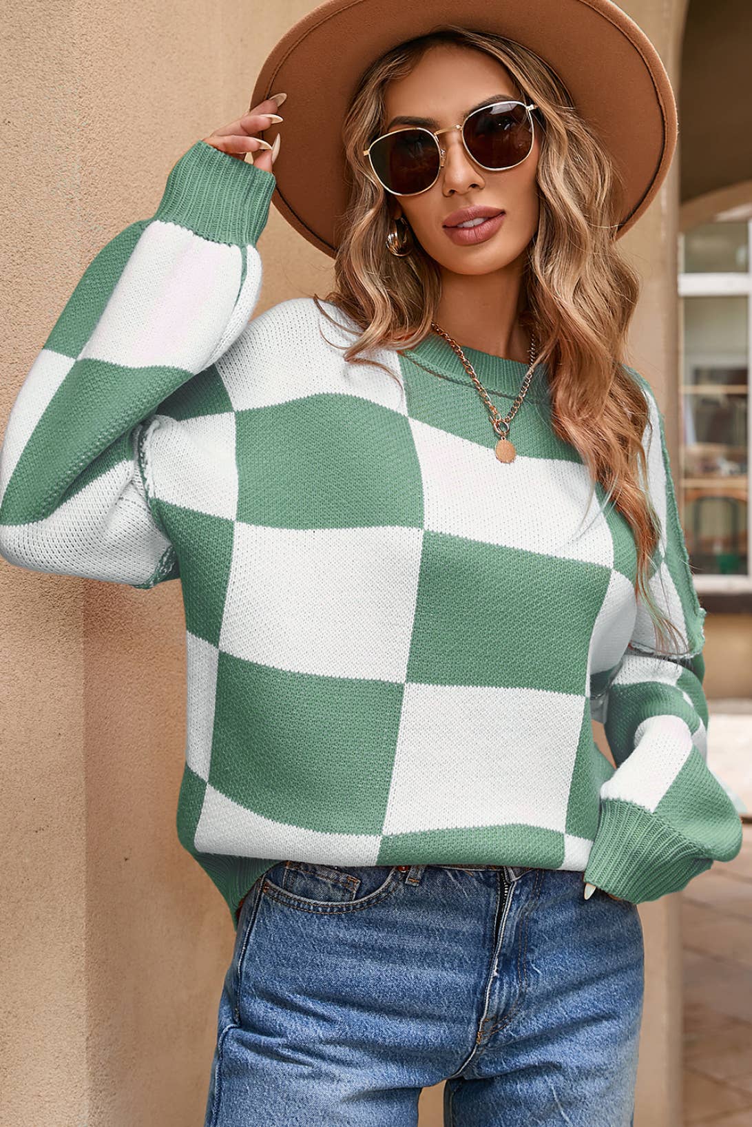 LDC Checkered Bishop Sleeve Sweater