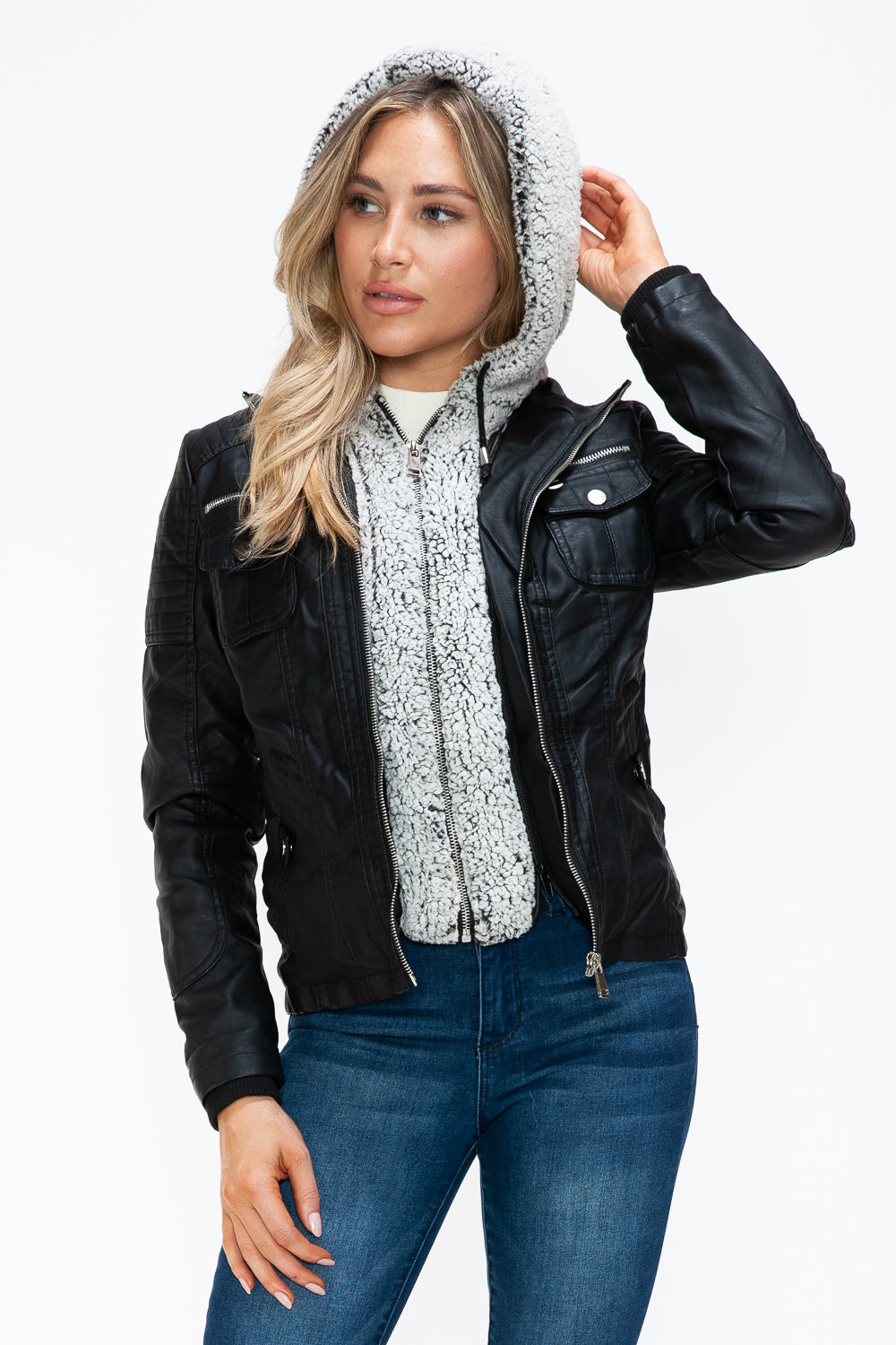 Black Removable Faux Layered Multi-Pocket Jacket with Fuzzy Hood